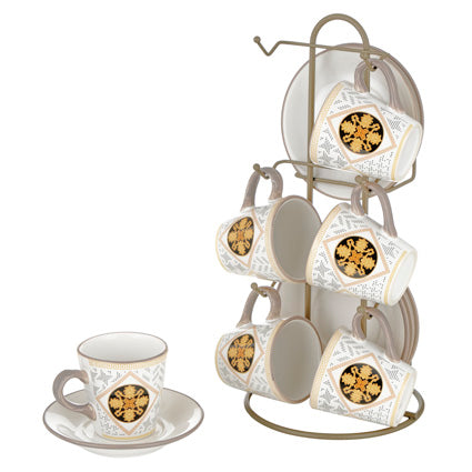 Set 6 Tazzine da caffè con Piattino in Ceramica e Stand in Metallo 14X13X28 cm