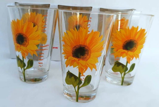 SET 3 BICCHIERI BIBITA IN VETRO TRASPARENTE CON DECORO GIRASOLE CC.210