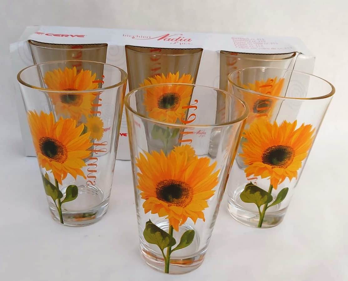 SET 3 BICCHIERI BIBITA IN VETRO TRASPARENTE CON DECORO GIRASOLE CC.210